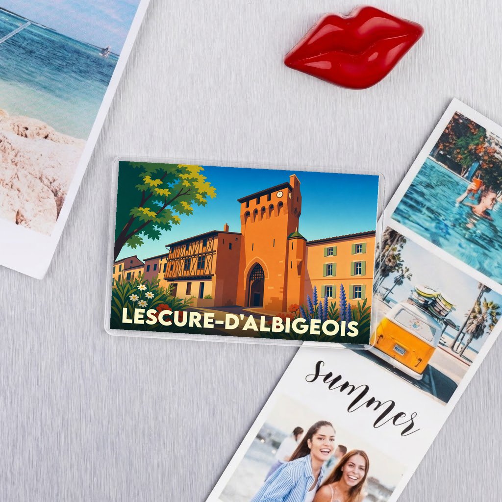 Magnet souvenir de la ville de Lescure-d'Albigeois avec une illustration stylisée de son patrimoine architectural.