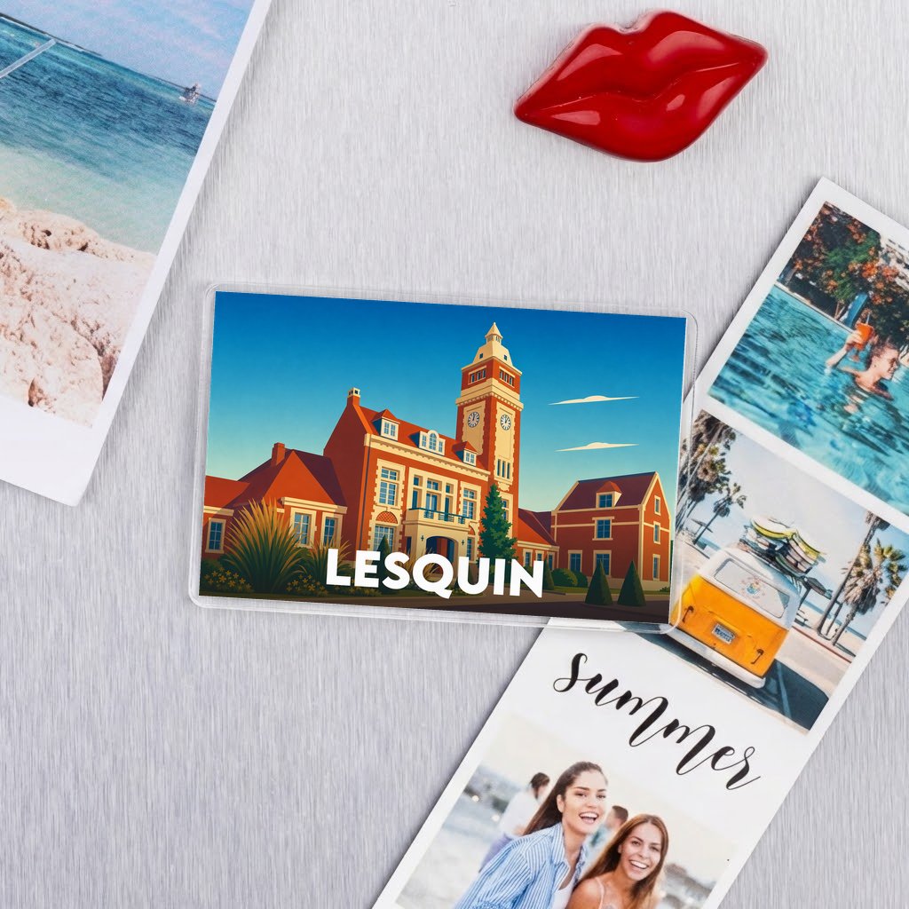 Magnet souvenir de la ville de Lesquin avec une illustration stylisée de son hôtel de ville.