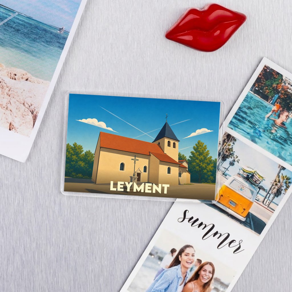 Magnet souvenir de la ville de Leyment avec une illustration stylisée de son église.