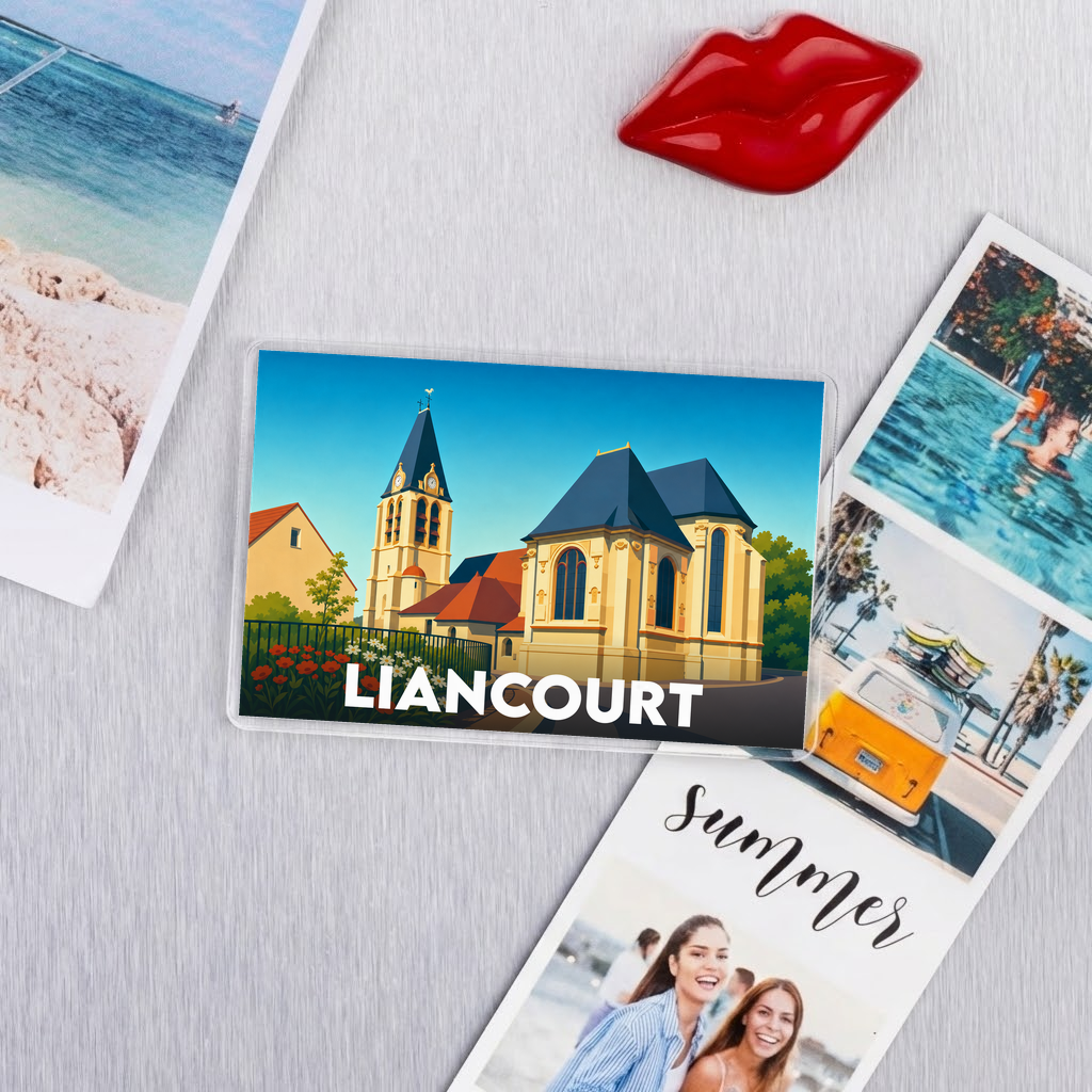 Magnet souvenir de la ville de Liancourt avec une illustration stylisée de son église.