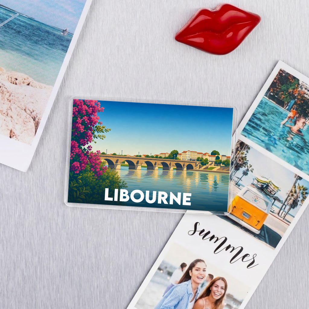 Magnet souvenir de la ville de Libourne avec une illustration stylisée de son pont emblématique.