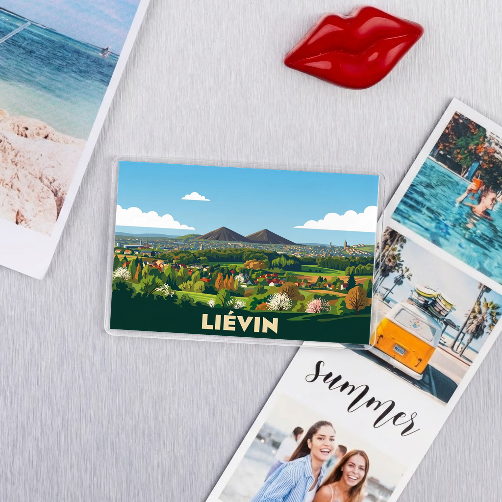 Magnet souvenir de la ville de Liévin avec une illustration stylisée de son paysage et de ses terrils.