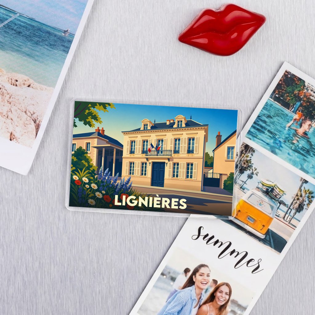 Magnet souvenir de la ville de Lignières avec une illustration stylisée.