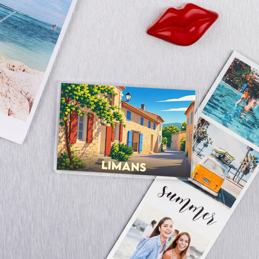 Magnet souvenir de la ville de Limans avec une illustration stylisée d'une rue provençale.