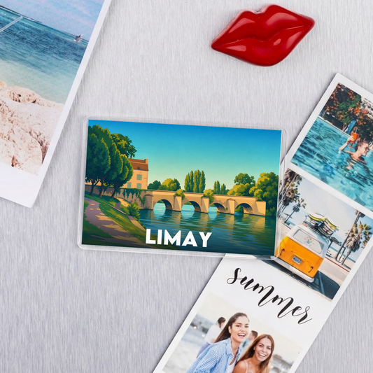 Magnet souvenir de la ville de Limay avec une illustration stylisée de son pont.