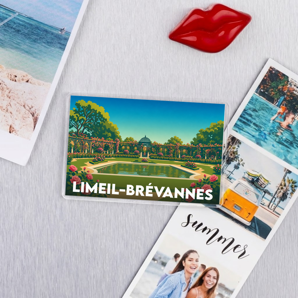 Magnet souvenir de la ville de Limeil-Brévannes avec une illustration stylisée d'un jardin fleuri.