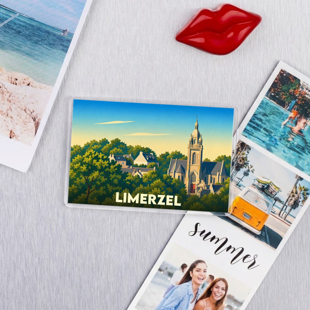 Magnet souvenir de la ville de Limerzel avec une illustration stylisée de son église et de ses paysages.