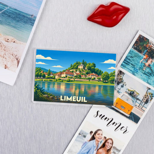 Magnet souvenir de la ville de Limeuil avec une illustration colorée des bords de la rivière.