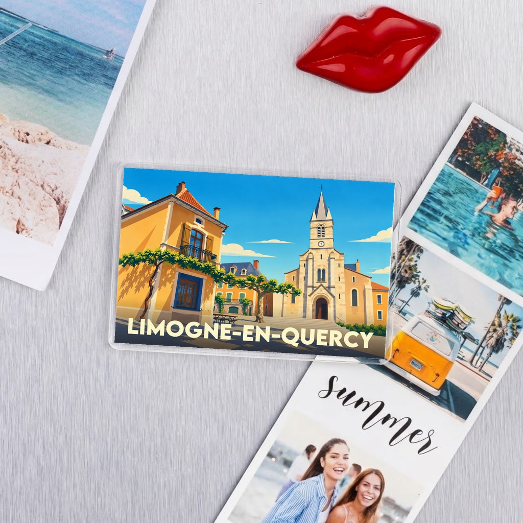 Magnet souvenir de la ville de Limogne-en-Quercy avec une illustration stylisée.