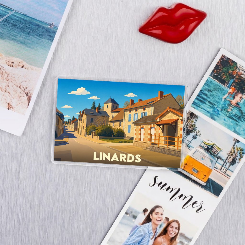 Magnet souvenir de la ville de Linards avec une illustration stylisée.