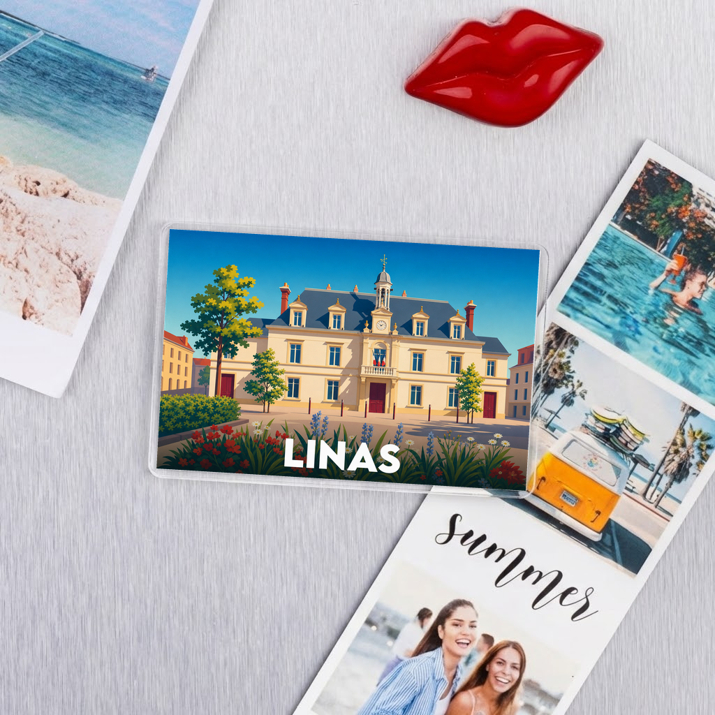 Magnet souvenir de la ville de Linas avec une illustration stylisée de son hôtel de ville.