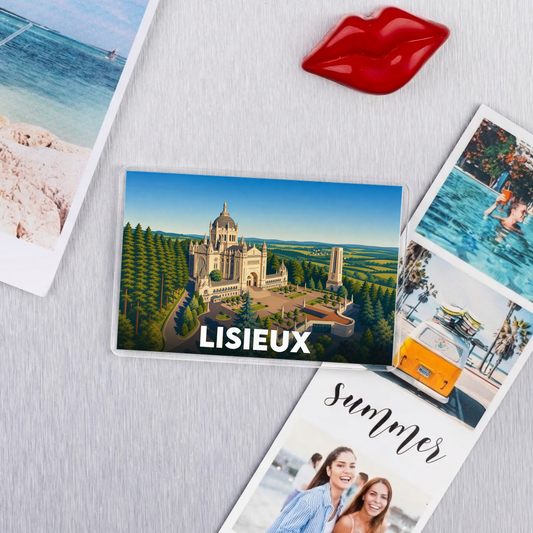 Magnet souvenir de la ville de Lisieux avec une illustration stylisée de sa basilique.