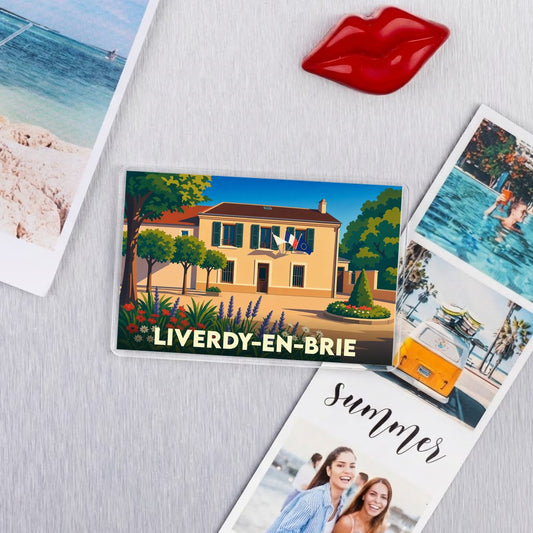 Magnet souvenir de la ville de Liverdy-en-Brie avec une illustration stylisée de sa mairie.