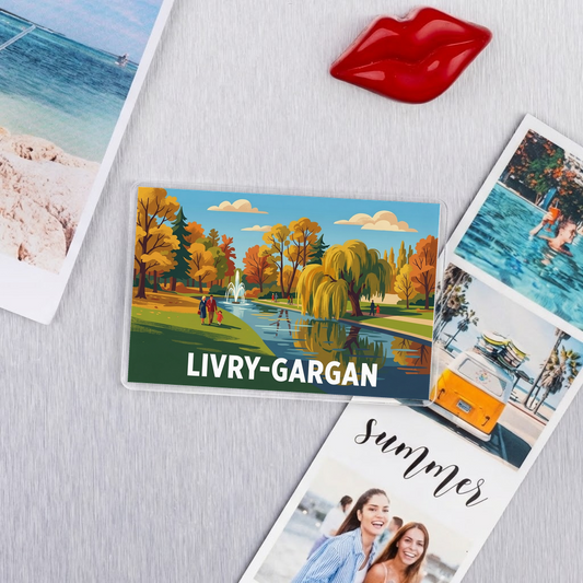 Magnet souvenir de la ville de Livry-Gargan avec une illustration stylisée d'un parc en automne.