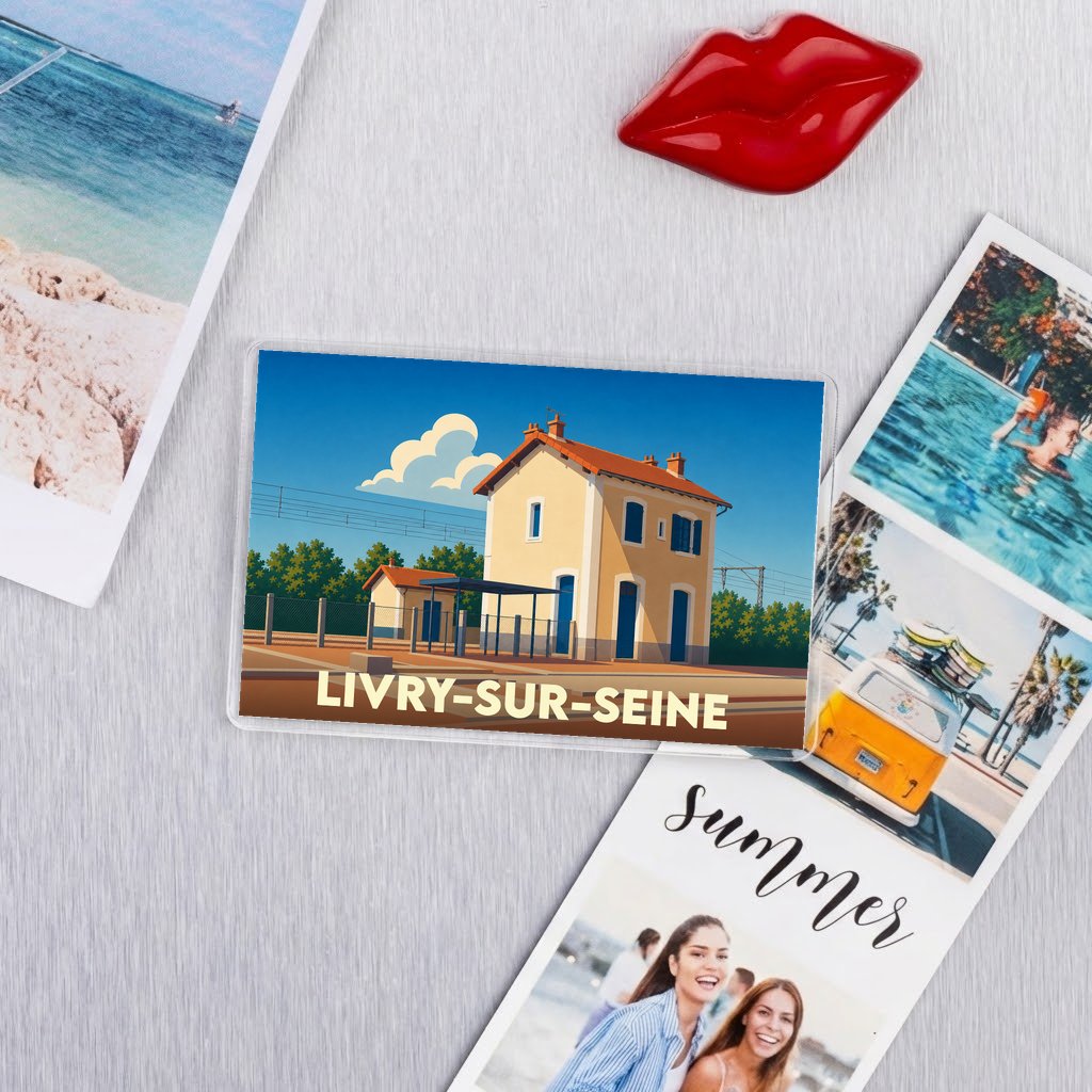 Magnet rectangulaire souvenir de la ville de Livry-sur-Seine avec une illustration stylisée de sa gare.