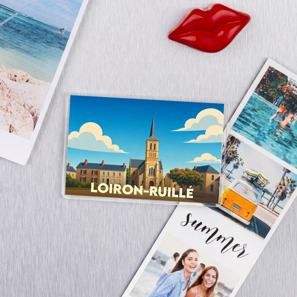Magnet souvenir de la ville de Loiron-Ruillé avec une illustration stylisée.