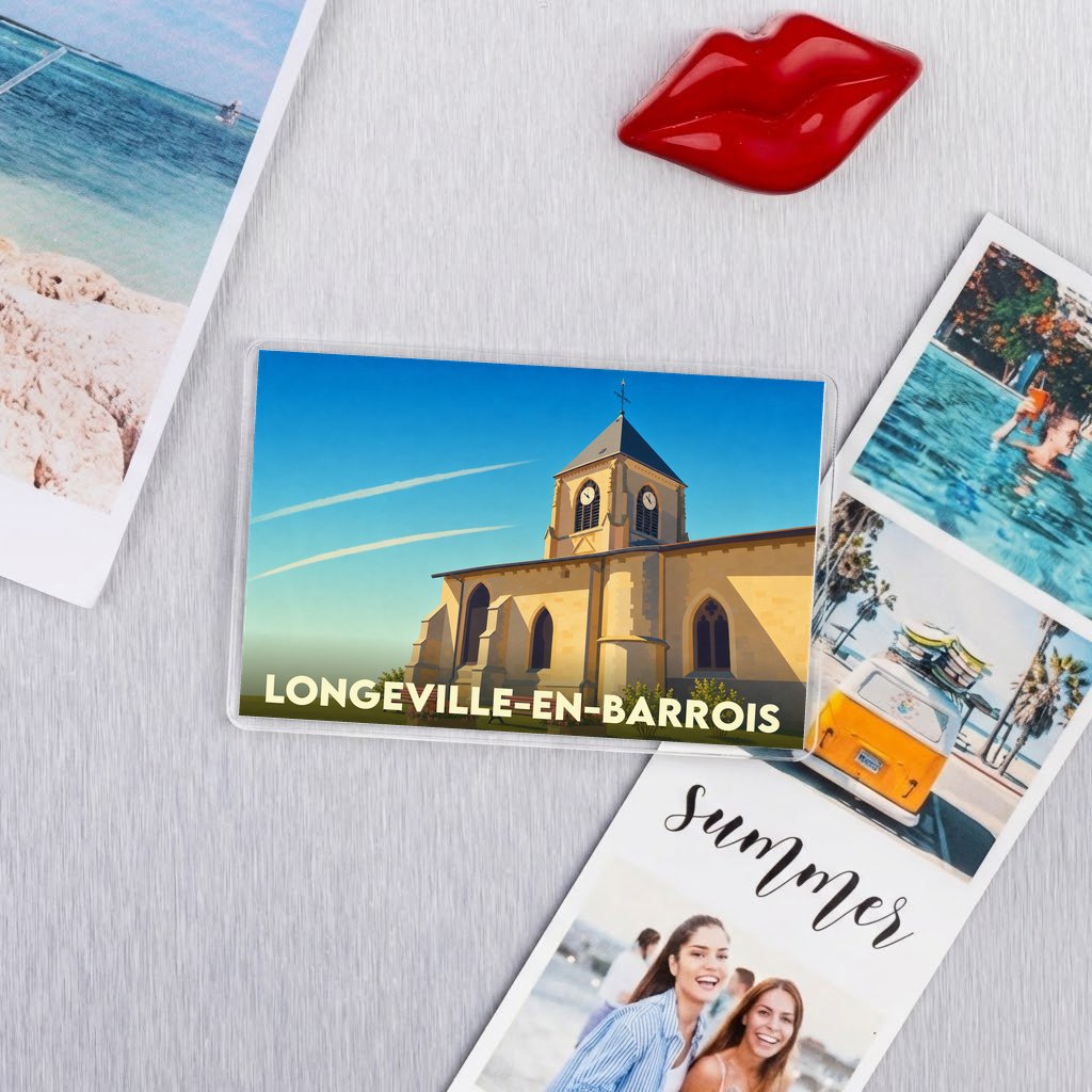 Magnet souvenir de la ville de Longeville-en-Barrois avec une illustration stylisée de son église.