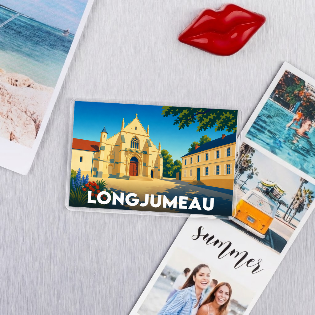 Magnet souvenir de la ville de Longjumeau avec une illustration stylisée.