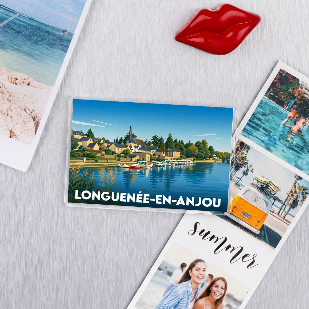 Magnet souvenir de la ville de Longuenée-en-Anjou avec une illustration stylisée.