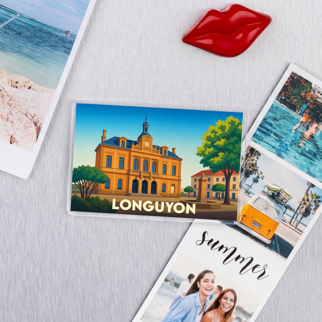 Magnet souvenir de la ville de Longuyon avec une illustration stylisée de son hôtel de ville.