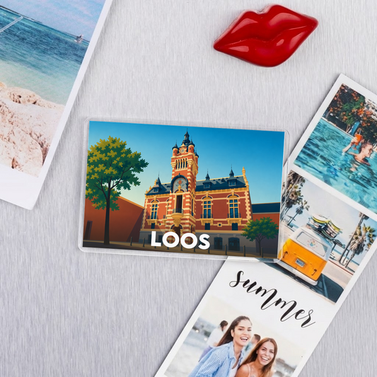 Magnet souvenir de la ville de Loos avec une illustration stylisée.