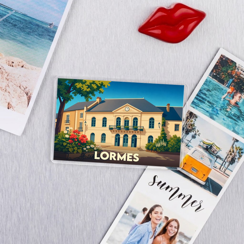 Magnet souvenir de la ville de Lormes avec une illustration stylisée de son hôtel de ville.