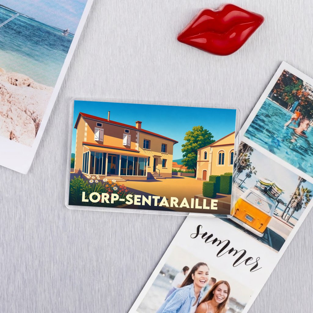 Magnet souvenir de la ville de Lorp-Sentaraille avec une illustration stylisée.