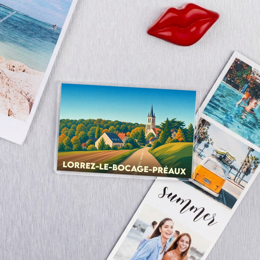 Magnet souvenir de la ville de Lorrez-le-Bocage-Préaux avec une illustration paysagère stylisée.