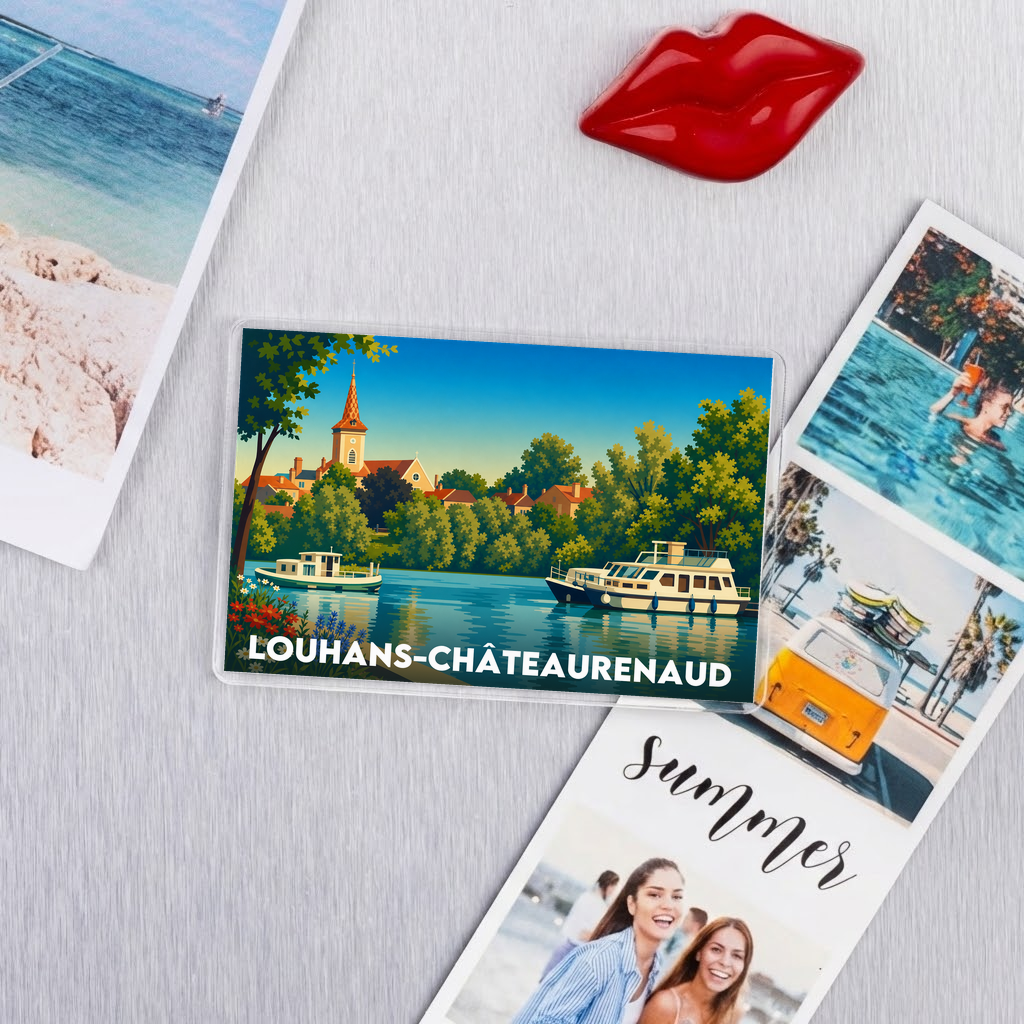 Magnet souvenir de la ville de Louhans-Châteaurenaud avec une illustration stylisée d'un paysage fluvial.