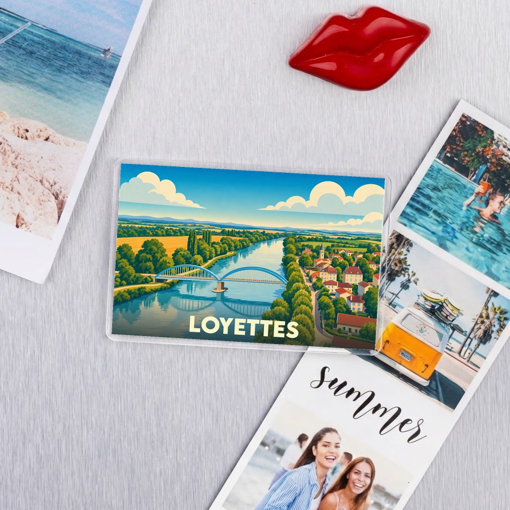 Magnet souvenir de la ville de Loyettes avec une illustration stylisée d'un pont et d'un fleuve.