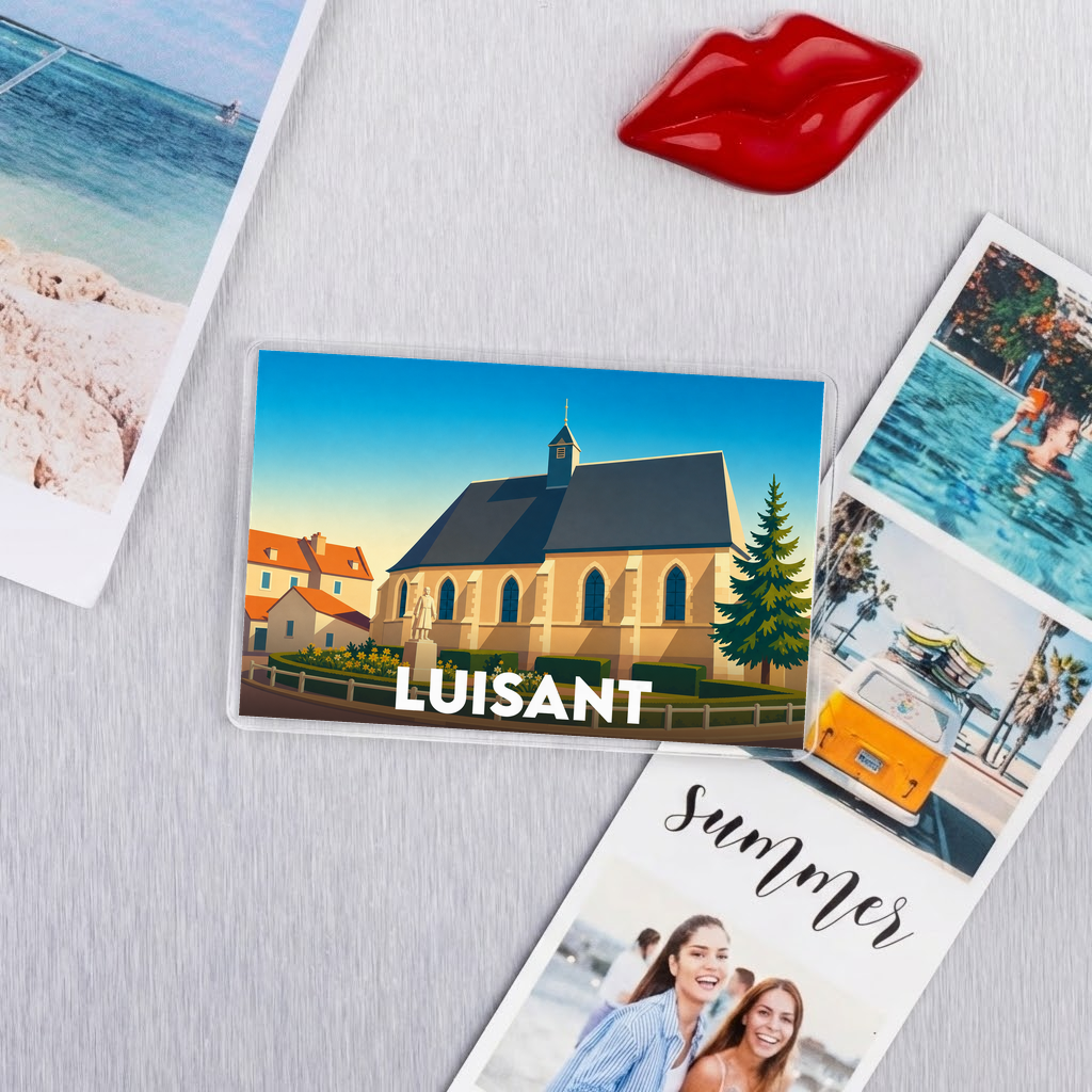 Magnet souvenir de la ville de Luisant avec une illustration stylisée de son église.