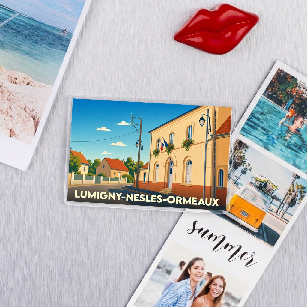 Magnet rectangulaire souvenir de la commune de Lumigny-Nesles-Ormeaux avec une illustration stylisée.