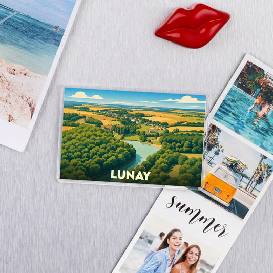 Magnat souvenir de la ville de Lunay avec une illustration paysagère stylisée.