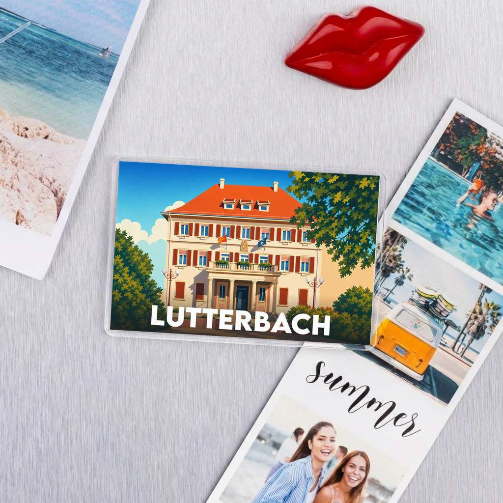 Magnet souvenir de la ville de Lutterbach avec une illustration stylisée de son hôtel de ville.