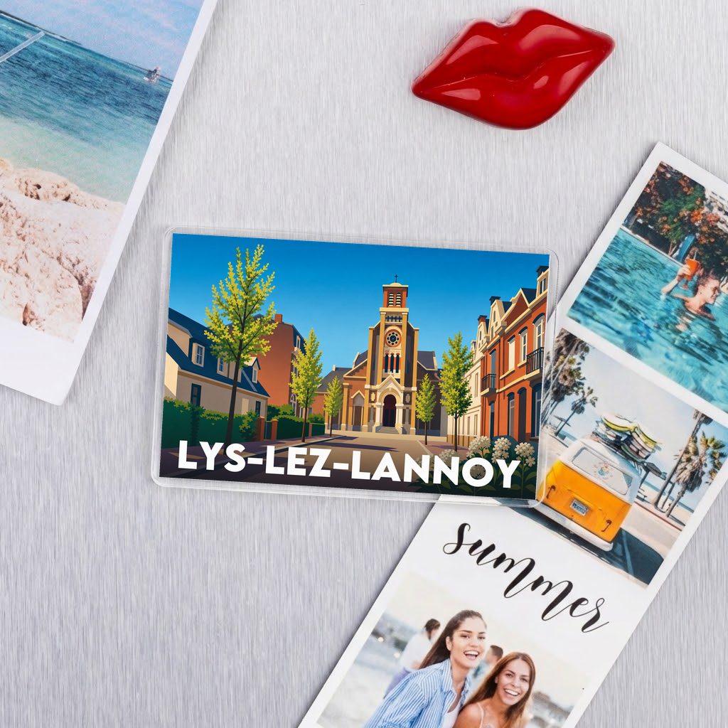 Magnet souvenir de la ville de Lys-lez-Lannoy avec une illustration stylisée.