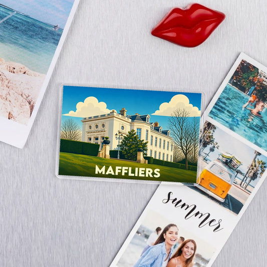 Magnet rectangulaire souvenir de la ville de Maffliers avec une illustration stylisée de son château.