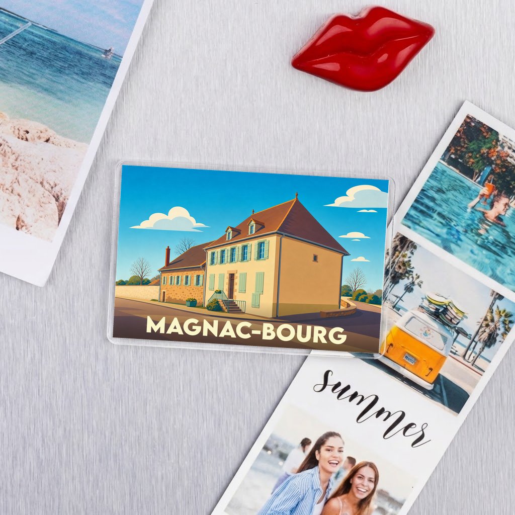 Magnet souvenir de la ville de Magnac-Bourg avec une illustration stylisée.