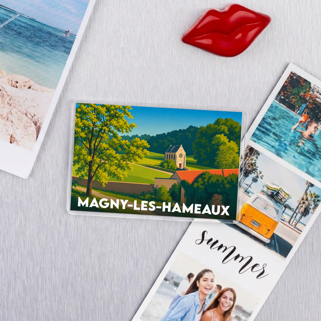 Magnet souvenir de la ville de Magny-les-Hameaux avec une illustration stylisée d'un paysage champêtre.