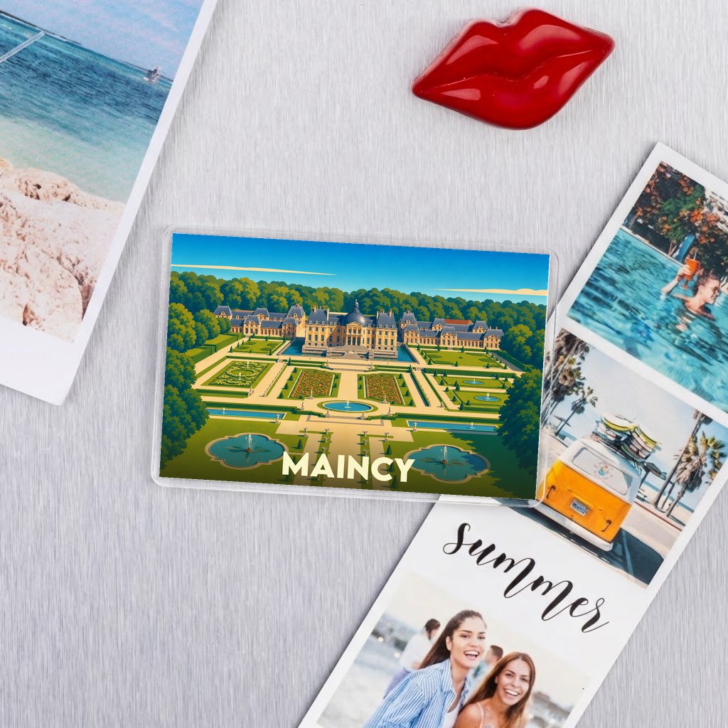 Magnet souvenir de la ville de Maincy avec une illustration stylisée de son château et de ses jardins.