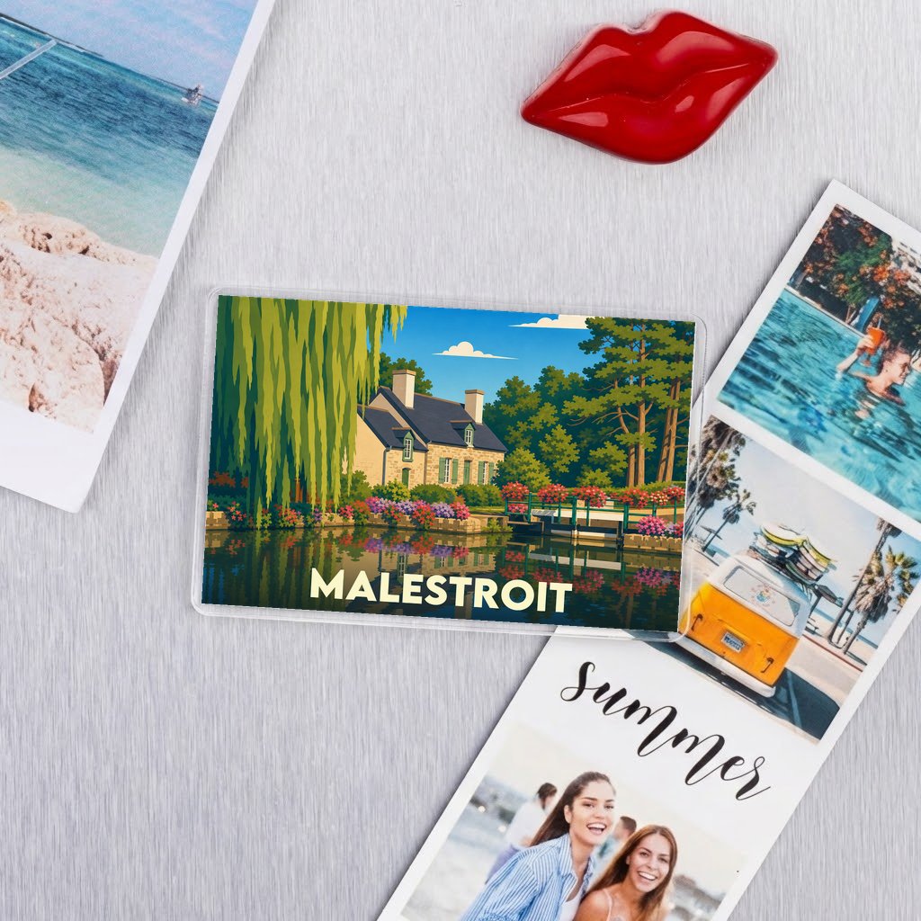 Magnet souvenir de la ville de Malestroit avec une illustration stylisée d'une maison au bord de l'eau.