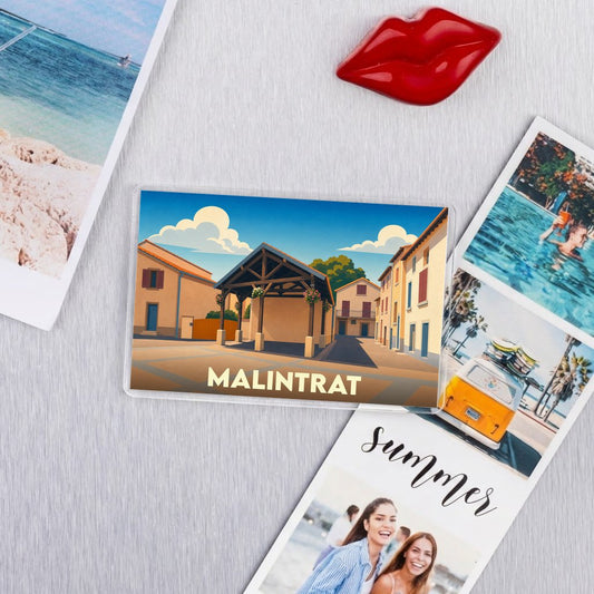 Magnet souvenir de la ville de Malintrat avec une illustration stylisée.
