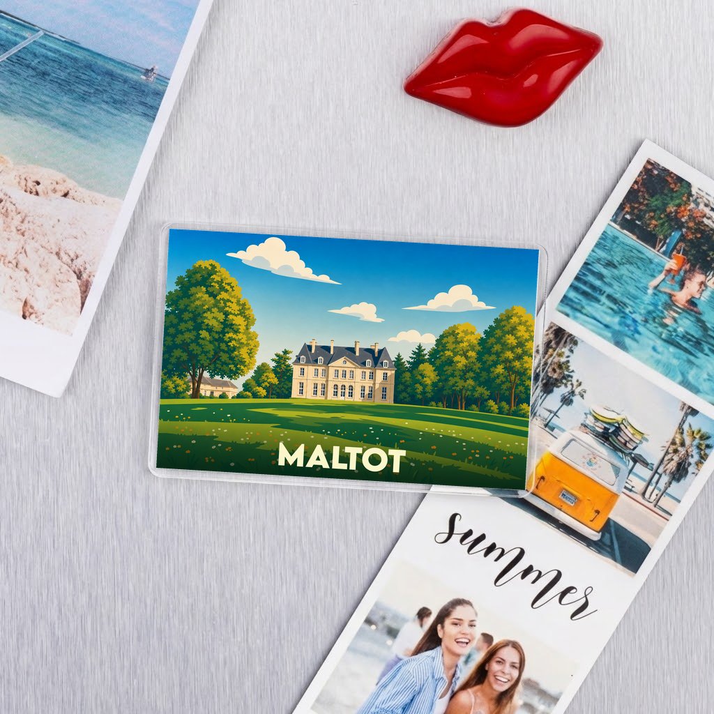Magnet souvenir de la ville de Maltot avec une illustration stylisée d'un château entouré de verdure.