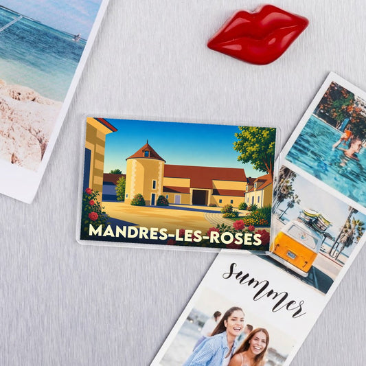 Magnet souvenir de la ville de Mandres-les-Roses avec une illustration stylisée.