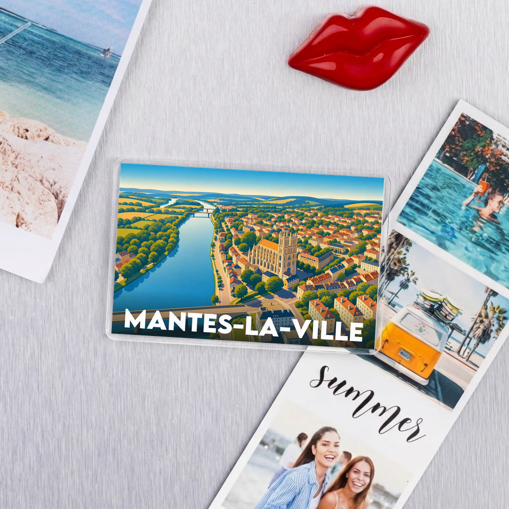 Magnet souvenir de la ville de Mantes-la-Ville avec une illustration panoramique stylisée.