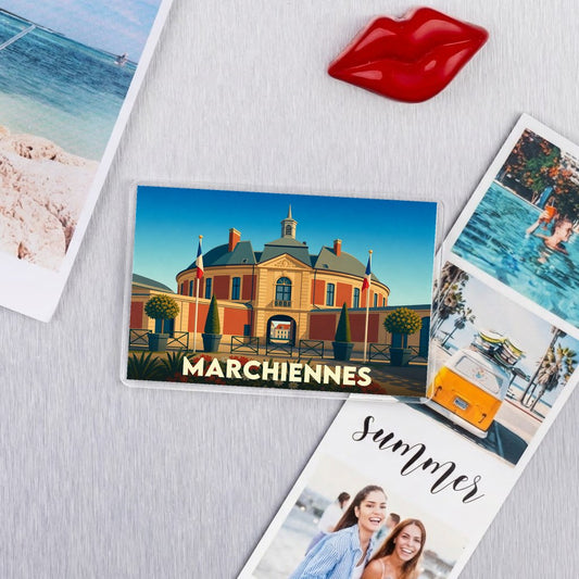 Magnet souvenir de la ville de Marchiennes avec une illustration stylisée de son patrimoine architectural.