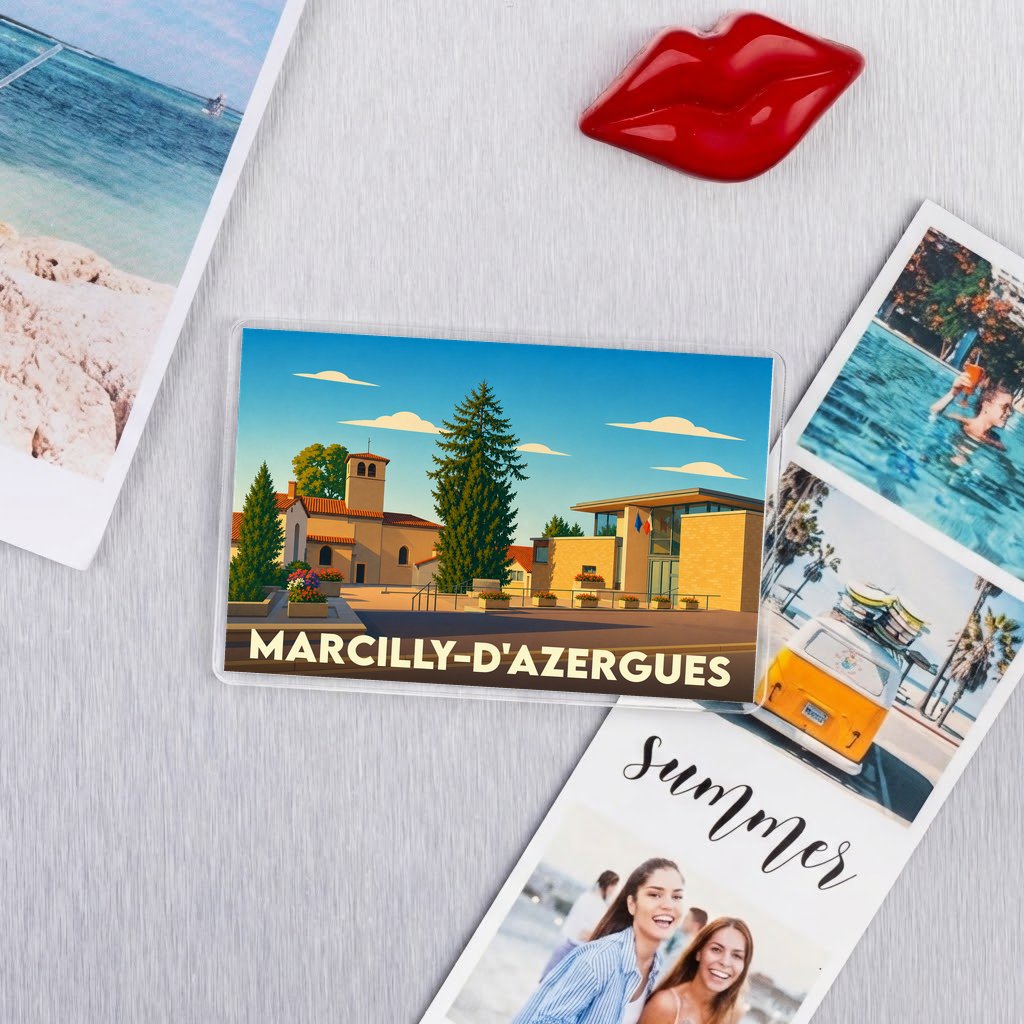 Magnet souvenir de la ville de Marcilly-d'Azergues avec une illustration stylisée.