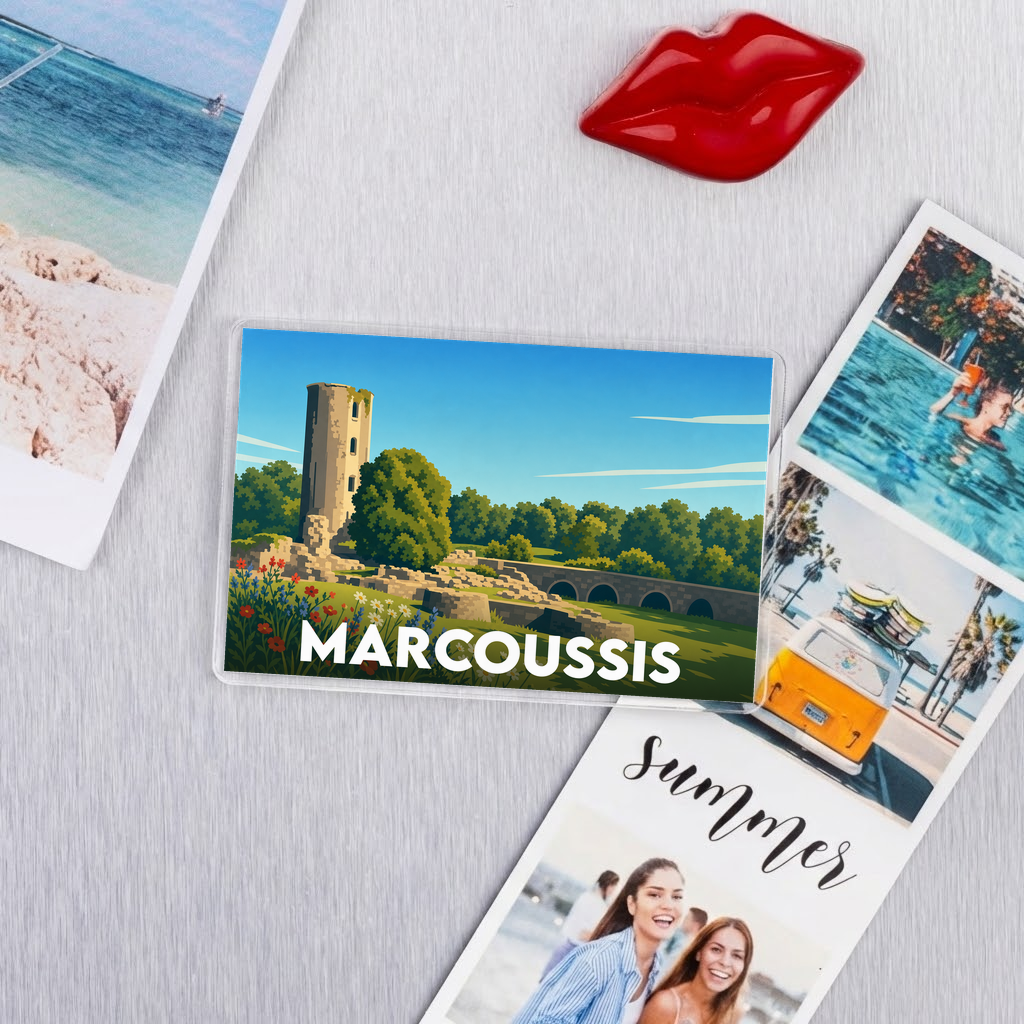 Magnet souvenir de la ville de Marcoussis avec une illustration stylisée.