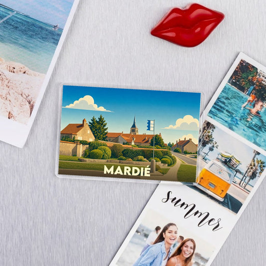 Magnet souvenir de la ville de Mardié avec une illustration stylisée.