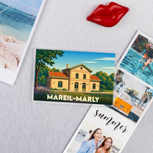 Magnet souvenir de la ville de Mareil-Marly avec une illustration stylisée de son ancienne gare.