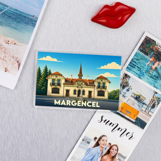 Magnet souvenir de la ville de Margencel avec une illustration stylisée de son architecture.